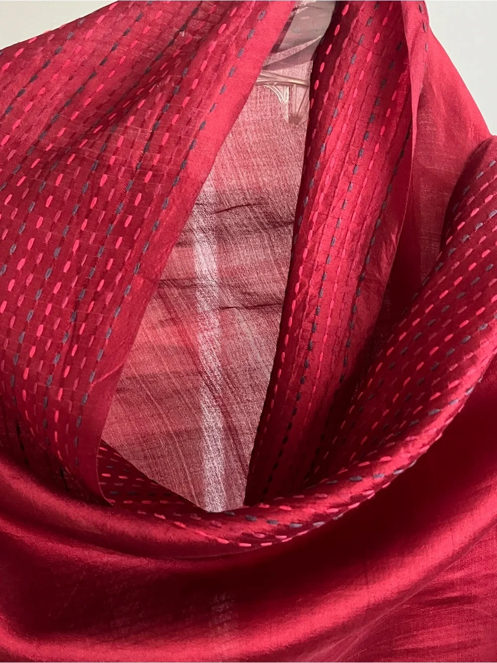 FabIndia Style Handwoven 100% Silk Kantha Hand Embroidered Wrap Stole Red 74
